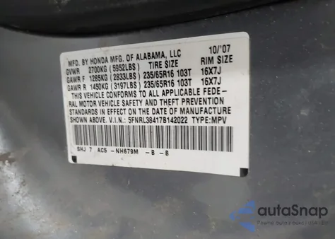2007 Honda Odyssey Ex z USA, uszkodzony, nr VIN 5FNRL38417B142022